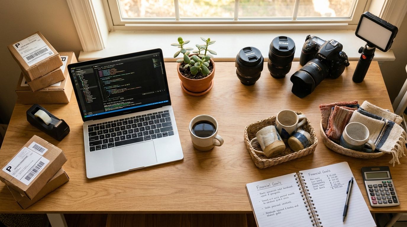 Small business workspace with computer and notes