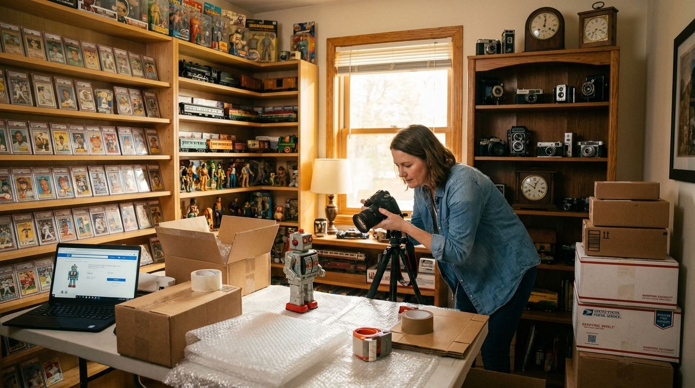 Collectible objects arranged on a shelf