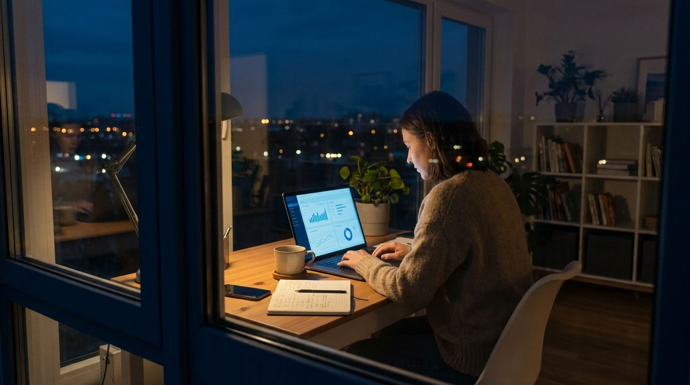 Laptop workspace illuminated for evening work