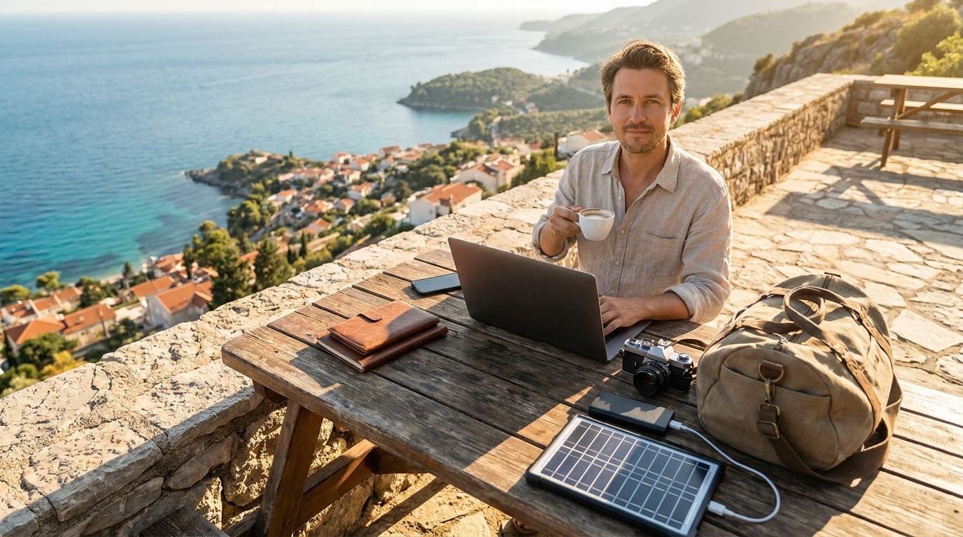 Remote worker using a laptop outdoors