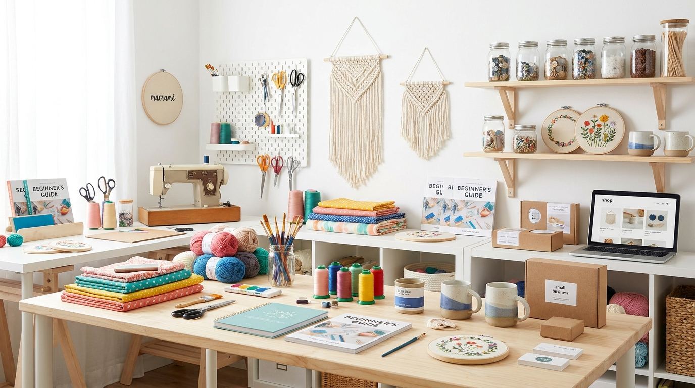 Craft tools and supplies spread across a work table