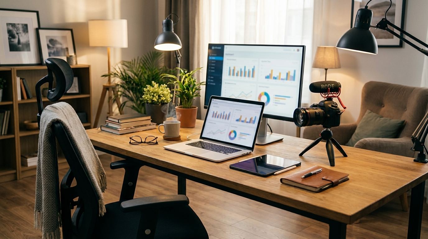 Family workspace with a laptop for writing