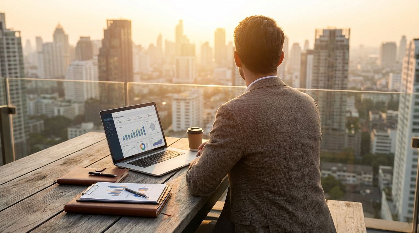 Person overlooking a city while considering future plans