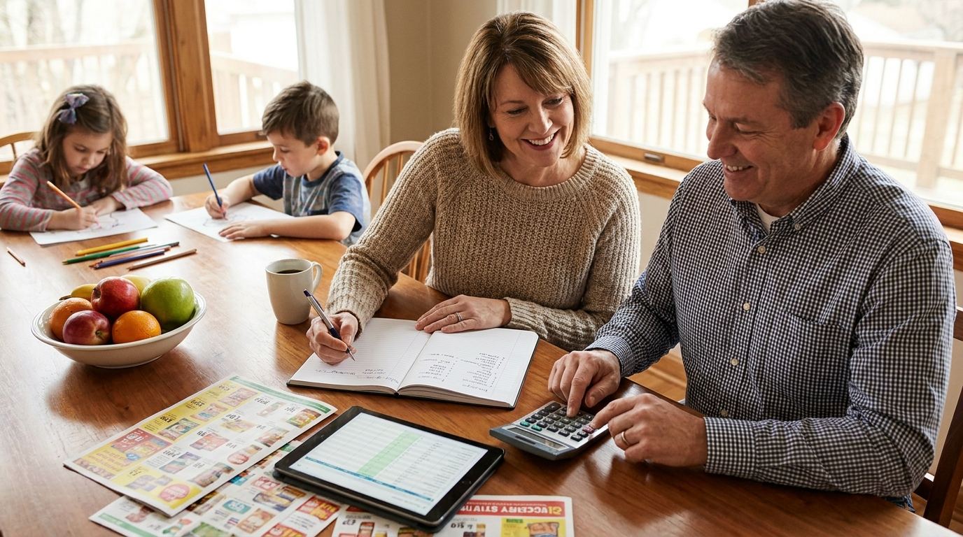 Family reviewing their budget at home