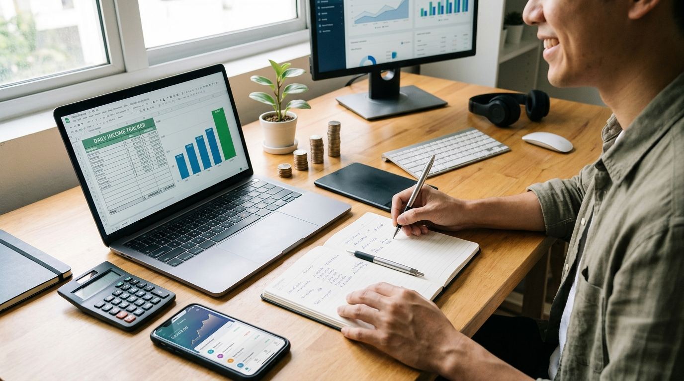 Notebook and calculator used to track extra income