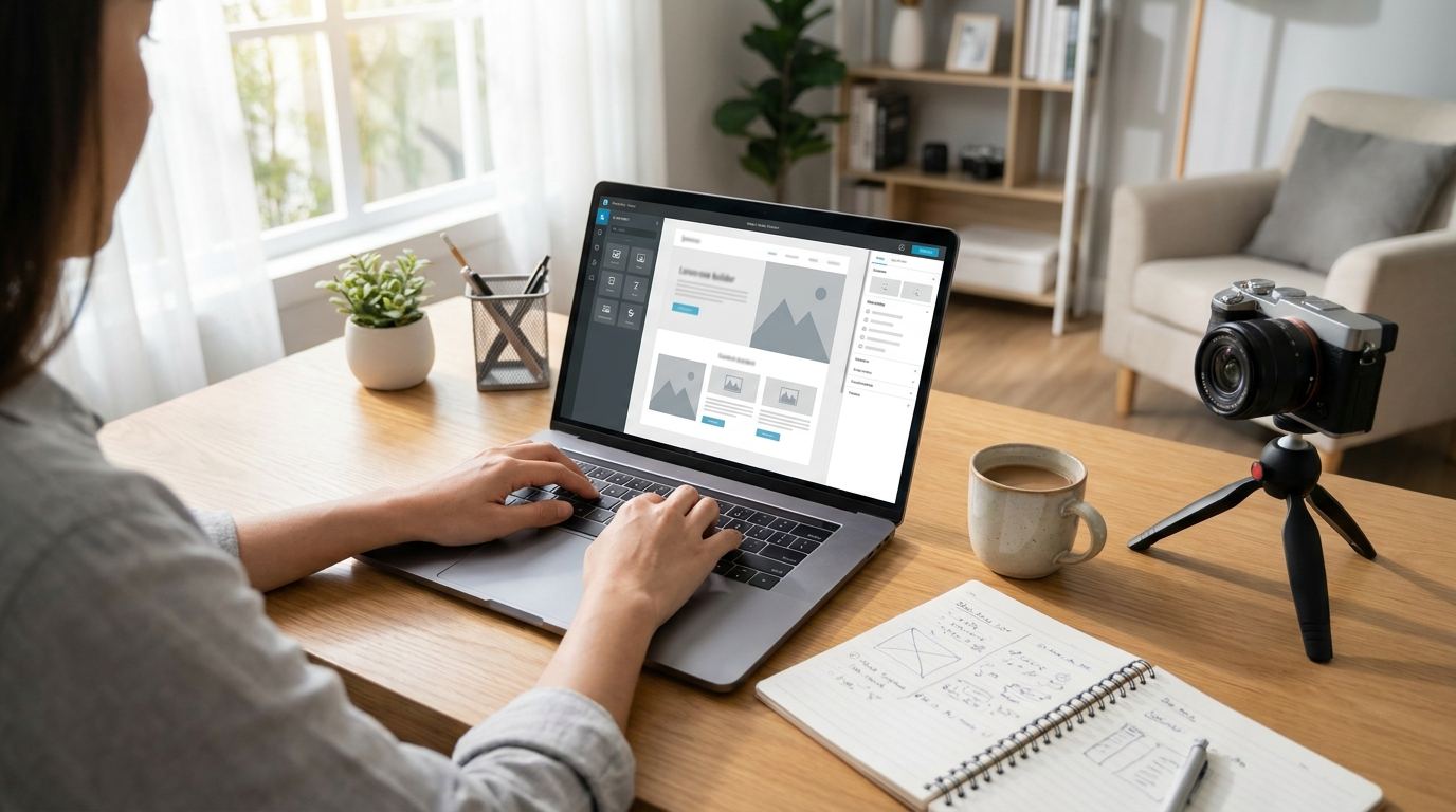 Person building an online website at a desk
