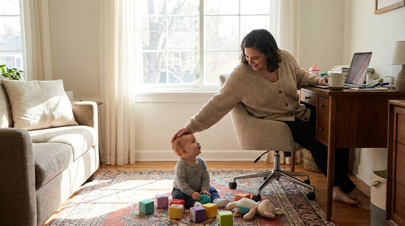 Parent working near a young baby at home