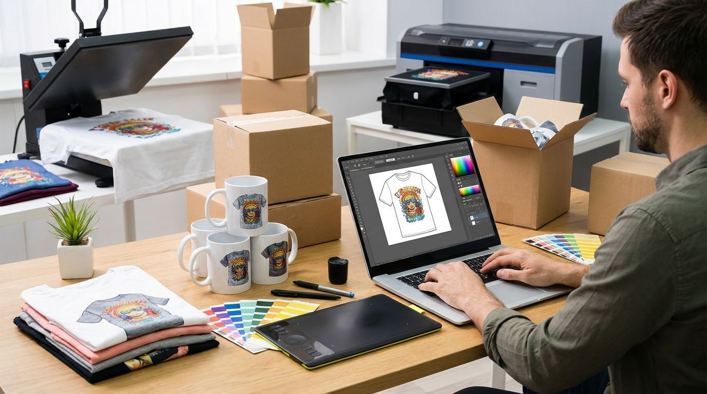 Custom printed merchandise displayed for sale