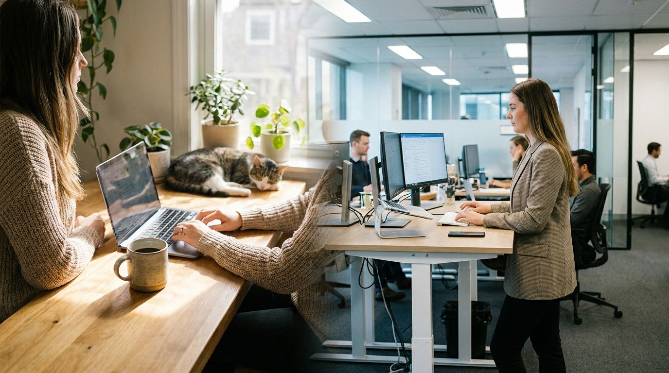 Worker moving between home and office routines